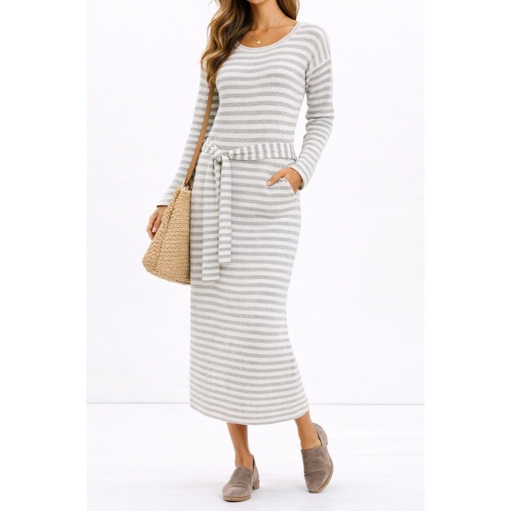 Madewell Medium Gray Cream Striped Sweater Dress Tie Waist Long Sleeve Knit Midi